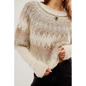 Free People Home For The Holidays Sweater Med Cream Gray Tan Fair Isle Cropped